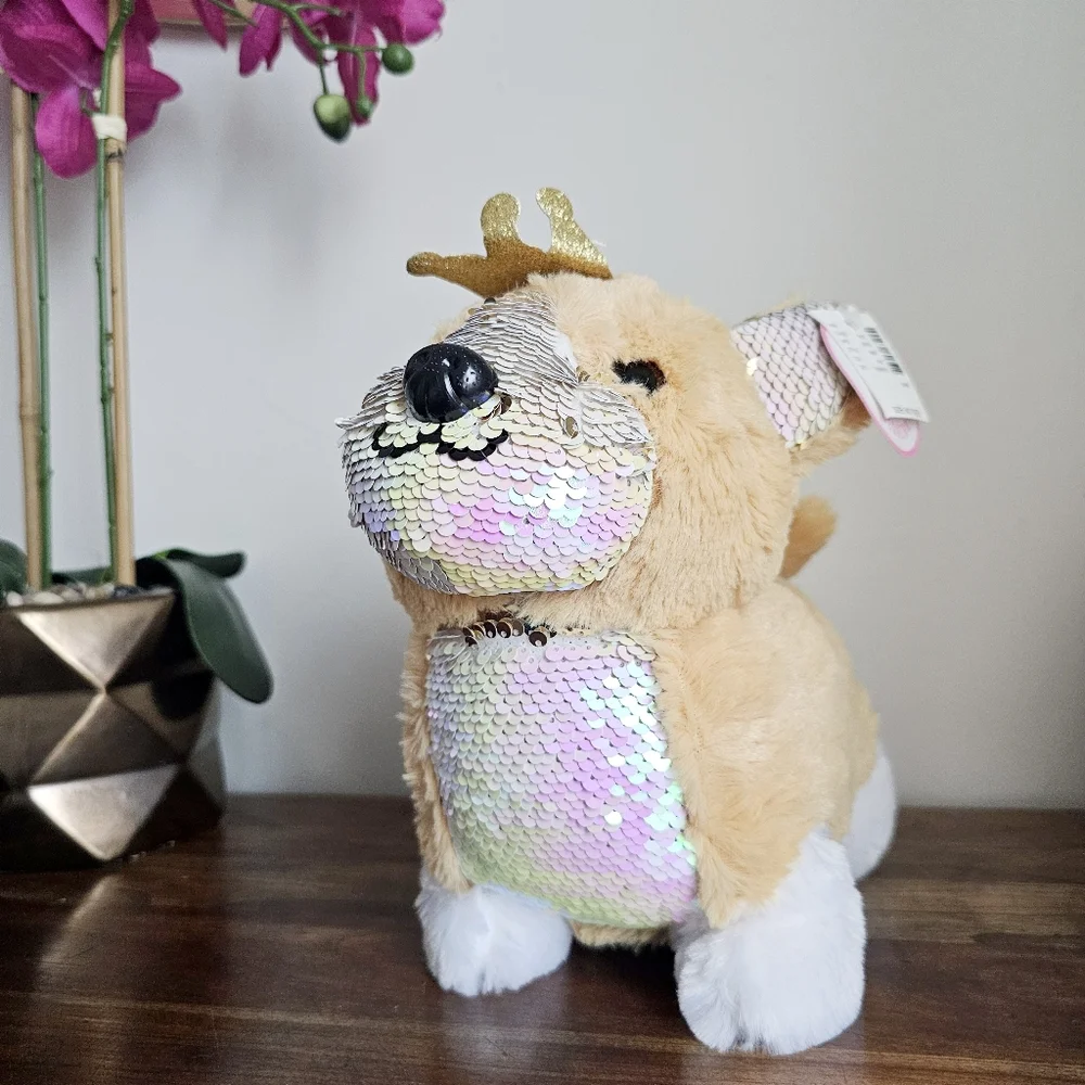 NWT Justice Corgi Plush Flip Sequin Puppy Gold Crown Cute Stuffed Dog